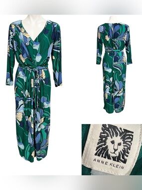 Anne Klein Midi dress sz L Green Floral Faux Wrap Tea length office fall church
